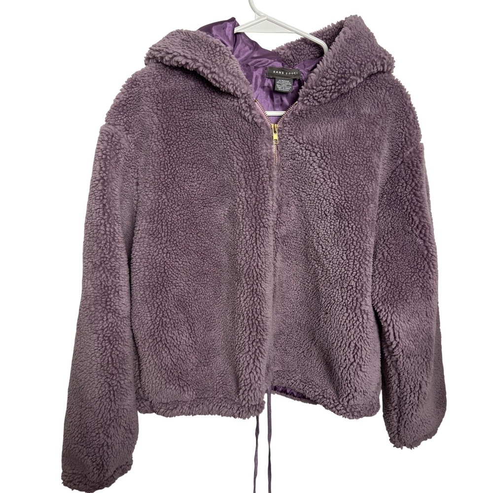 Sans Souci Purple Teddy Fleece Zip Up Hooded Jacket Womens M Shag Oversized Shag
